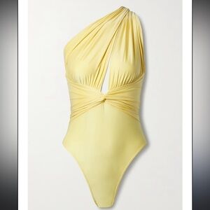 Fleur du Mal Satin Ruched One-Shoulder Satin Thong Bodysuit - Yellow-XS-MSRP$250
